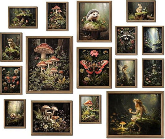 ANERZA 16 PCS Dark Cottagecore Wall Art Decor, Cottage Core Gallery Wall Prints for Bedroom, Fairycore Posters for Living Room Aesthetic, Nature Forest Mushroom Collage Kit, Whimsical Dorm Home Decor