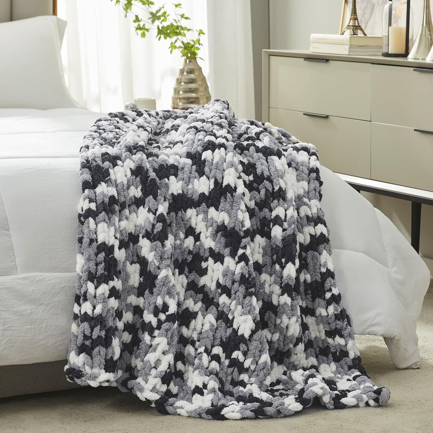 Amélie Home Chunky Knit Throw Blanket for Couch, Soft Chenille Crochet Blanket for Sofa, 50"x60", Space-Dyed Black