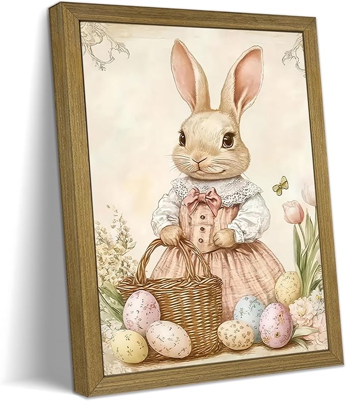 Framed Easter Bunny Wall Art, Vintage Holiday Decor Oil Painting, Rustic Farmhouse Spring Animal Wall Decor, Cute Rabbit Easter Eggs Canvas Print Paintings for Living Room Bedroom Nursery 12x16 Inch