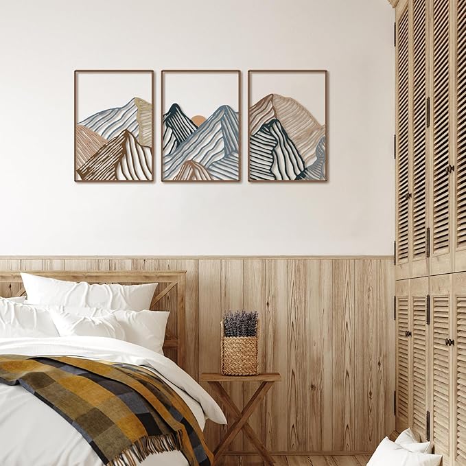 Peryiter 3 Pcs Metal Wall Art Decor Landscape Mountain Wall Hanging Decor for Living Room Abstract Minimalist Modern Mountain Line Pictures Bathroom Office Home Gifts Indoor(Vibrant Colors)