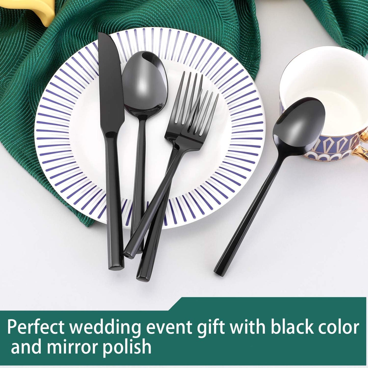 Hand Forged Stainless Steel Flatware Set Silverware Set Cutlery Set Hexagon Handle Black Mirror Finished 20 Pieces Service for 4