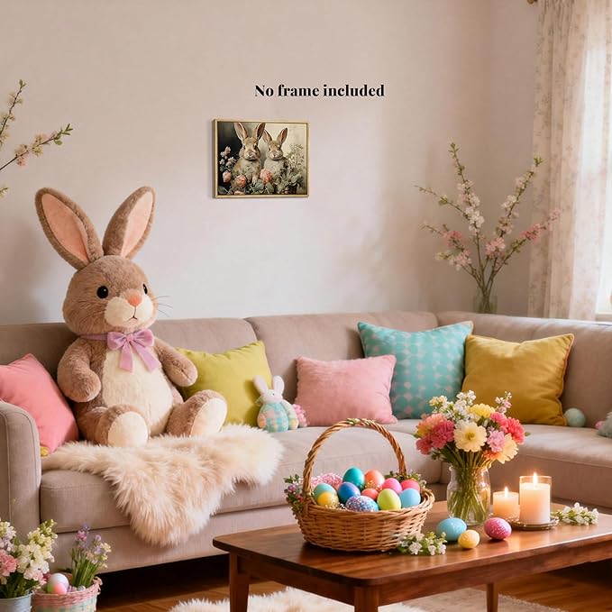 Easter Bunny Wall Art Poster, Two Adorable Rabbits with Flower Basket Picture Prints, Rustic Farmhouse Canvas Artwork, Vintage Holiday Wall Decor for Kids Room Bedroom Living Room 8x10in Unframed