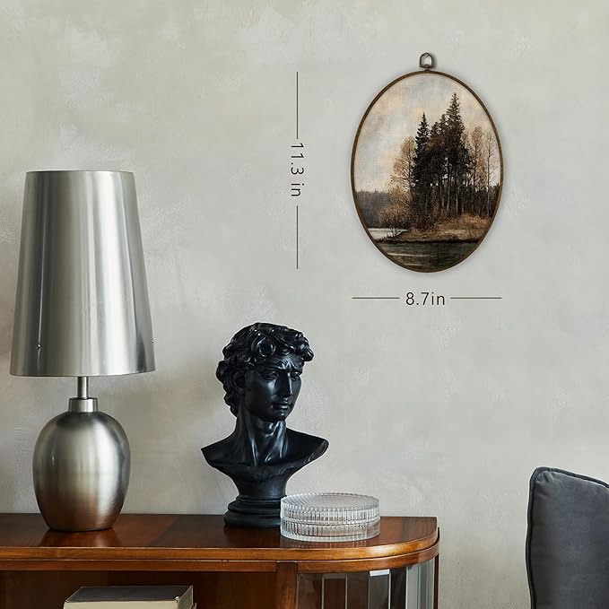 Gnmduw Moody Landscape Oval Wall Art Framed, Rustic Neutral Farmhouse Canvas Prints Hanging Decor,Antique Fall Forest River Landscape Wall Decor for Bedroom Living Room Home, 8.7x11.3 Inch