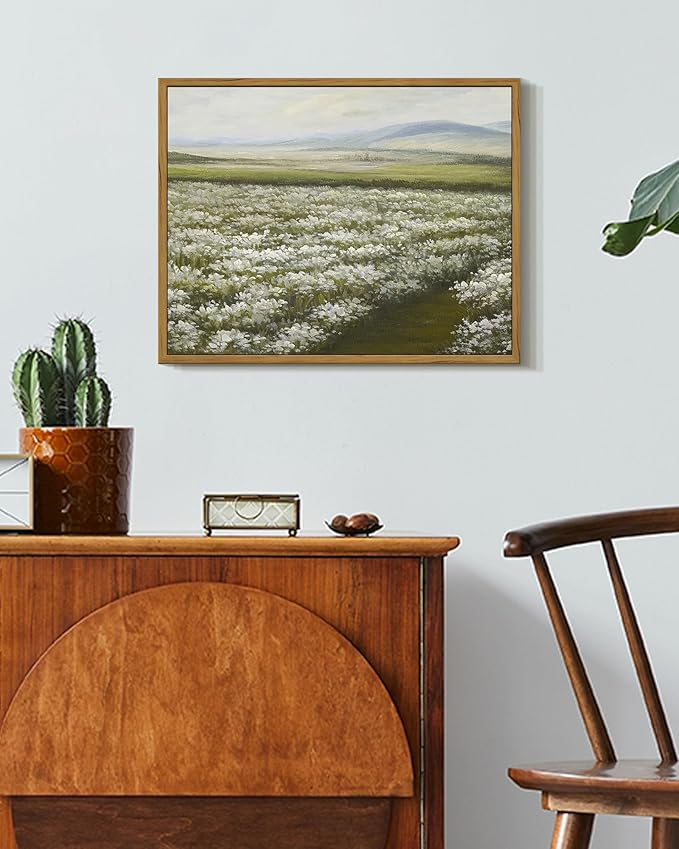 SHENIFY Vintage Landscape Framed Wall Art Meadow with Flowers Scenery Farmhouse Decor Rustic Retro Grassland Wildflower Field Painting for Kitchen Bedroom Bathroom - 11x14in Natural Framed
