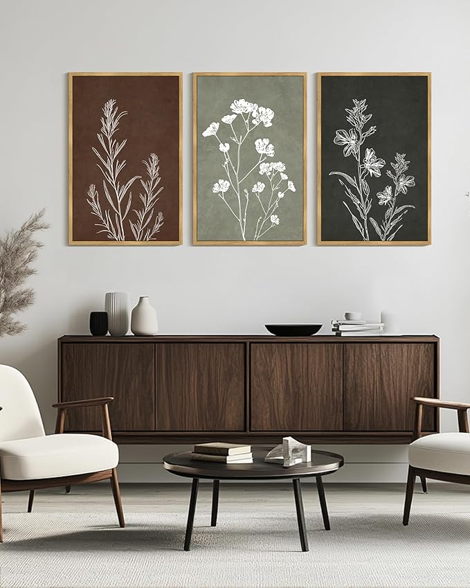 Drsoum Vintage Boho Flower Wall Art Framed Retro Botanical Floral Wall Prints Wildflower Neutral Rustic Bohemain Artwork Kitchen Bedroom Ready to Hang 24x36in Natural Framed