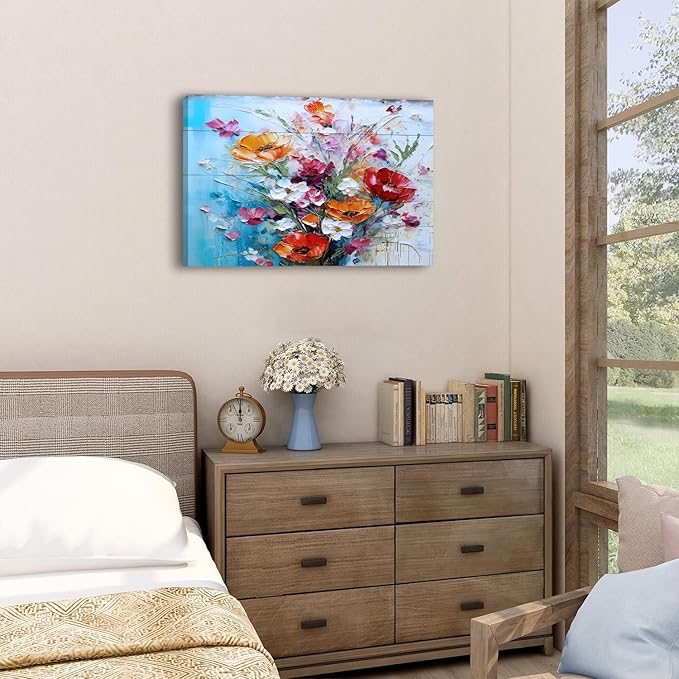 Colorful Flowers Wall Art Wildflowers Wall Decor Farmhouse Floral Picture Canvas Prints Red Orange Poppy Bouquets Picture Painting Abstract Nature Artwork Kitchen Living Room Home Decoration 16x24"