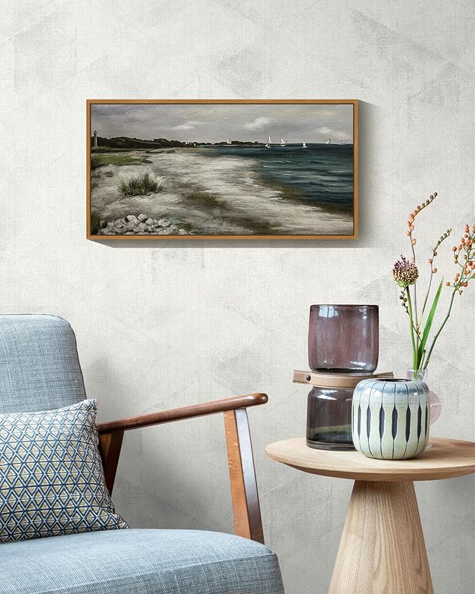 SHENIFY Vintage Framed Wall Art Seaside Coastal Landscape Painting Retro Beach Scenery Farmhouse Kitchen Living Room Decor - 8x16in Natural Framed