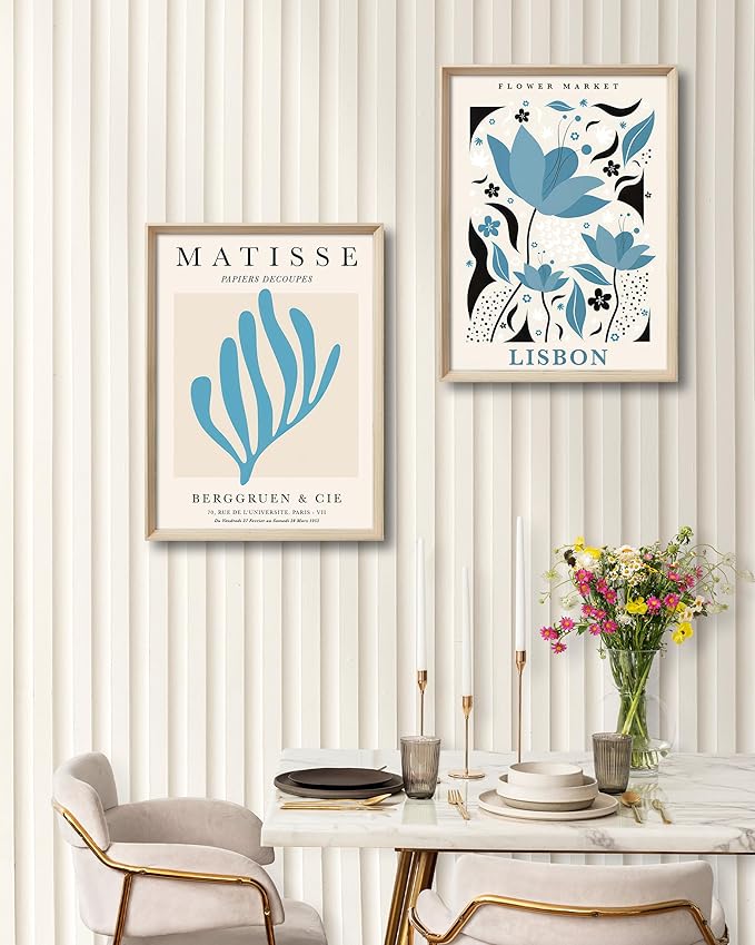 KensTro Framed Wall Art,Matisse Wood Canvas Blue Wall Art,12"x16" Cotton Pattern Vintage Poster Wall Decor Aesthetic for Living Room Bedroom,12x16in Henri Matisse Minimalist Wood Frame Prints,Set of 3