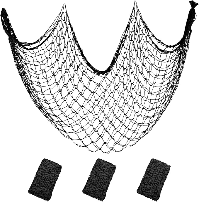 Decorative Fishing Net 5x10 ft, 3 Pack Large Black Picture Netting, Wall Photo Display Fishnet for Nautical Gothic Pirate Beach Under The Sea Theme Party Decorations,3mm Cotton Table Runner Wall Decor