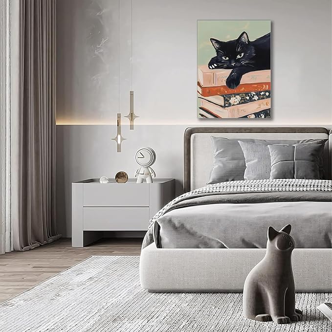 Framed Black Cat Canvas Wall Art, Funny Cat lying on a pile of books Painting, Abstract Animal Posters Prints Wall Decor for Living Room Bathroom Gallery Dining Room Decor 16x24 inch