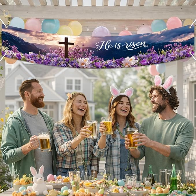 He Is Risen Easter Banner Resurrection Cross Spring Christian Faith Decor 118×20 inch Religious Easter Banner for Church Yard Fence Wall Door Indoor Outdoor Display