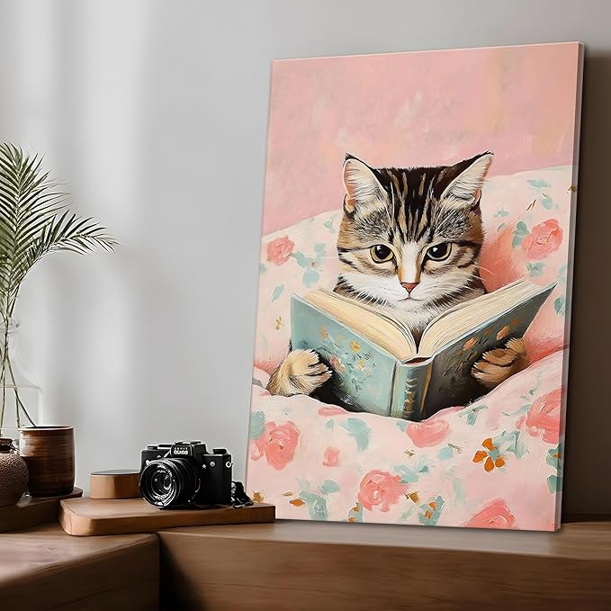 Framed Cats Canvas Wall Art, Funn Tabby Cat Reading Books Picture Wall Decor, Pink Vintage Animal Poster Prints for Girls Room Bedroom Kids Room Living Room Bathroom Decor 16x24 inch