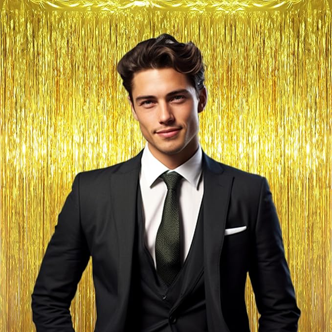 3.3 x 6.6 ft Foil Fringe Backdrop Curtains, Tinsel Streamers Party Decorations, Fringe Backdrop for Birthday, Baby Shower, Gender Reveal, Graduation (9, Gold)