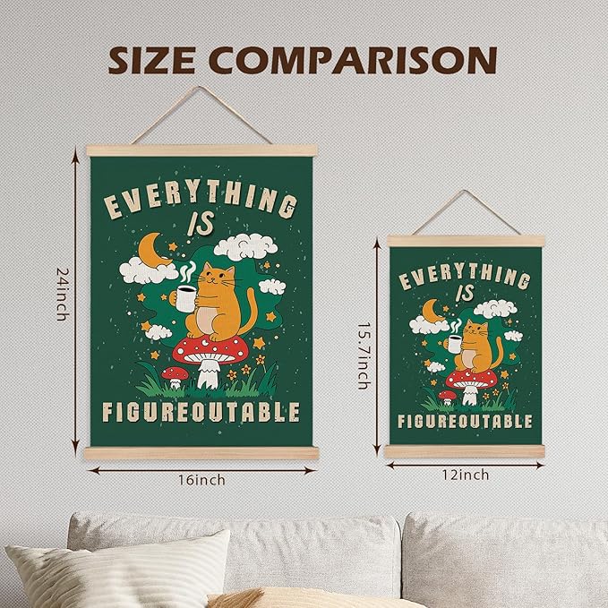 LZYRF Everything Is Figureoutable Funny Cat Wall Art Poster Framed, Positive Affirmation Inspirational Quote Canvas Prints Wall Decor for Home Bedroom Living Room Office, 16x24 Inch