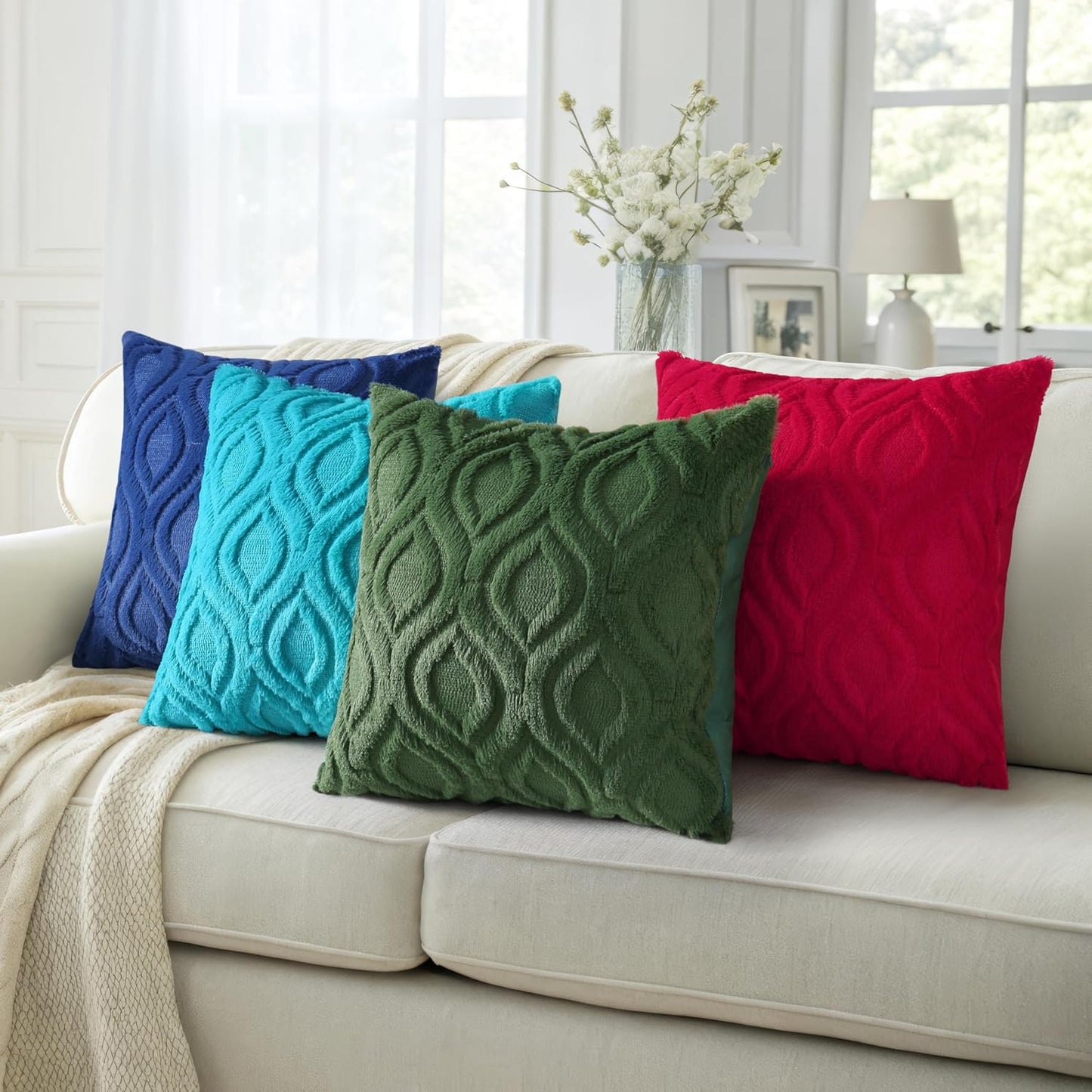 decorUhome Fall Throw Pillow Covers 12x20 Inch Set of 2, Soft Plush Decorative Faux Fur Teal Solid Couch Pillow Covers, Accent Farmhouse Neutral Lumbar Euro Pillow Cases for Sofa Bed Living Room