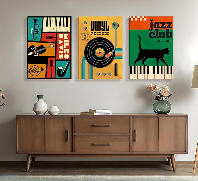 Framed 3pcs Retro Jazz Music Wall Art Vintage Vinyl Records Paintings Musical Instruments Black Cat on Piano Canvas Prints Poster for Living Room Bedroom Music Room Decoration