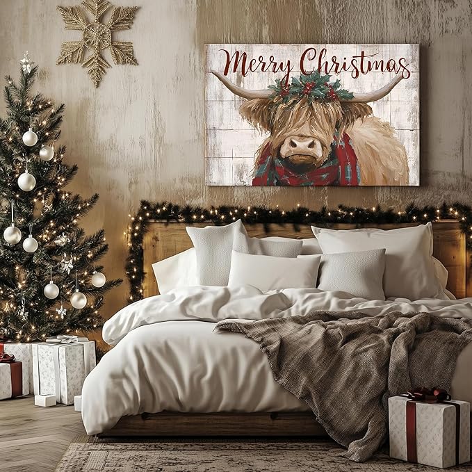 Christmas Cow Pictures Wall Decor Merry Christmas Sign Canvas Wall Art Vintage Longhorn Highland Poster Painting Rustic Farmhouse Animal Prints Artwork for Living Room Bathroom Home Decorations 24x36"