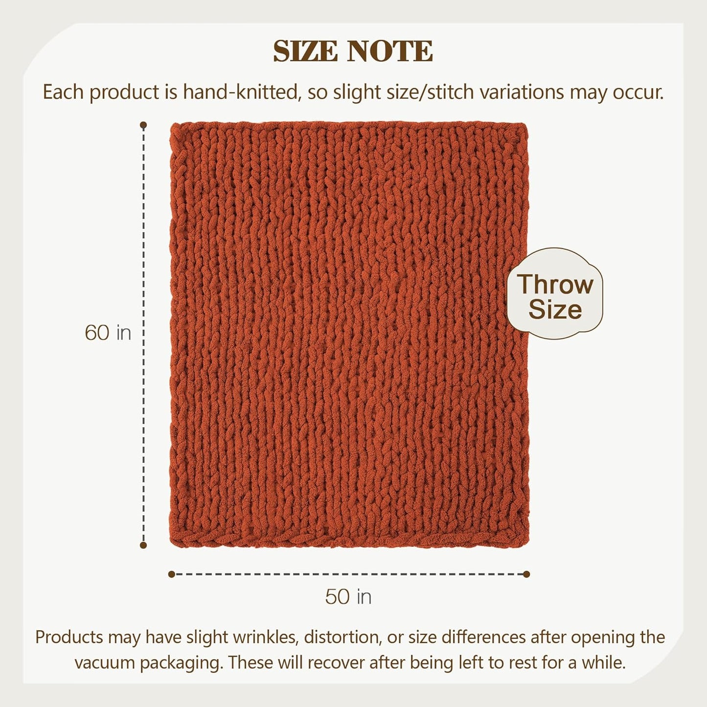Carriediosa Chunky Knit Throw Blanket 50" X 60", 100% Hand Made Large Chenille Loop Yarn Soft Fluffy Throws for Couch Sofa Bed, Big Crochet Cozy Heavy Thick Cable Woven Blankets, Rust