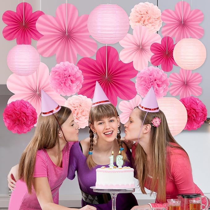 19 Pcs Pink Party Decorations, Light-Hot Pink Hanging Paper Lanterns, Paper Flowers Fans, Tissue Pom Poms, Floral Backdrop Wall Decor for Birthday Baby Showers Bridal Wedding Valentines Classroom