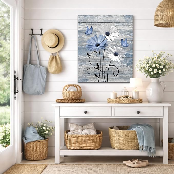 MYUSRE Farmhouse Blue Floral Canvas Wall Art Rustic Wood Daisy Butterfly Framed Wall Art Country Flower Pictures for Living Room Bedroom Bathroom Office Decor Ready to Hang, 16L X 12W Inch