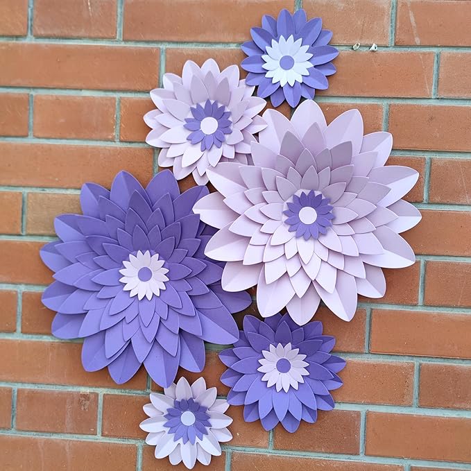 Purple Paper Flower (12''-5'' Assorted) for Wall Backdrop Wedding Mermaid Birthday Baby Shower Purple Party Decor Pack of 6