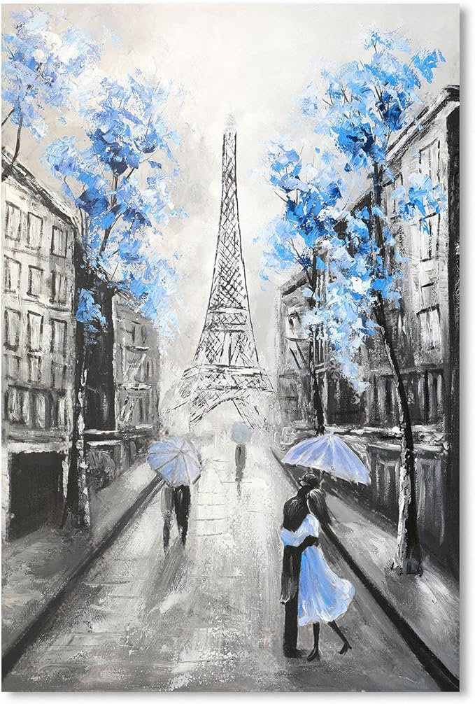YPY Abstract Paris Canvas Wall Art: Black White Eiffel Tower Picture for Living Room Decor, Blue Grey Hand Painted Textured Oil Painting Large Modern Artwork Home Decoration 24 x 35