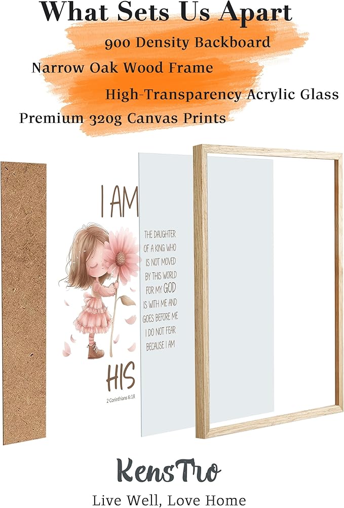 KensTro Natural OAK Wood Nursery Decor Framed Wall Art, 12x16 in Inspirational Christian Bible Verse Wall Art,I Am a Daughter of The King Scripture Pink Print for Girls Playroom Bedroom Decor Set of 1