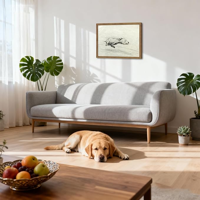 Framed Dog with Zoomies Canvas Wall Art, Vintage Dog Flight Poster Print, Sketch Running Little Pictures Decor, Black and White Silly Wall Decor for Living Room Bedroom – 16x24 inch