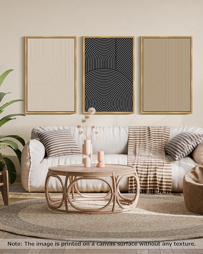 Drsoum Mid-Century Modern Framed Wall Art Large 24x36in Minimalist Abstract Boho Neutral Line Wall Decor Geometric Artwork Kitchen Dining Room Natural Framed