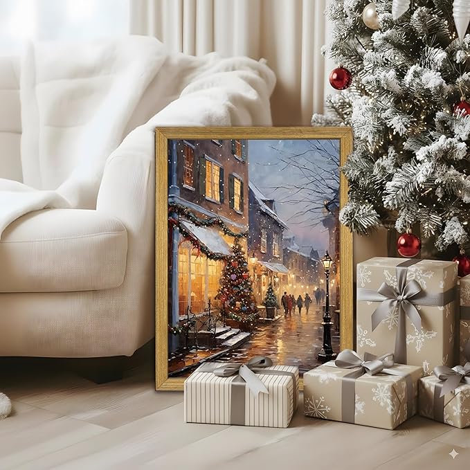 Vintage Christmas Wall Art 16x24 Inch, Wood Framed Winter Snow Street Canvas Print Picture, Rustic Holiday Christmas tree Wall Decor Oil Painting for Living Room Bedroom Kitchen