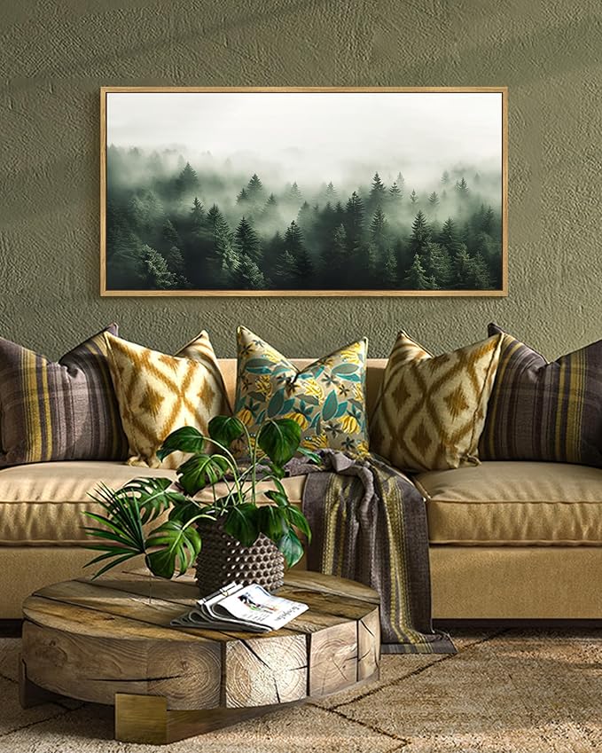SHENIFY Green Fog Pine Tree Forest Vintage Framed Wall Art Modern Landscape Scenery Farmhouse Artwork Prints Decor for Hallway Bedroom Living Room Dining Room - 20x40in Natural Framed