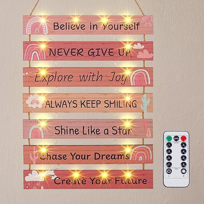 FIOBEE Girls Room Décor for Teen Girls Boys with LED Light Wall Decor for Bedroom Motivational Inspirational Wall Art Room Decoration for Kids Studyroom, 8 Kinds of Lights, Light Pink Boho