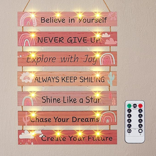 FIOBEE Girls Room Décor for Teen Girls Boys with LED Light Wall Decor for Bedroom Motivational Inspirational Wall Art Room Decoration for Kids Studyroom, 8 Kinds of Lights, Light Pink Boho