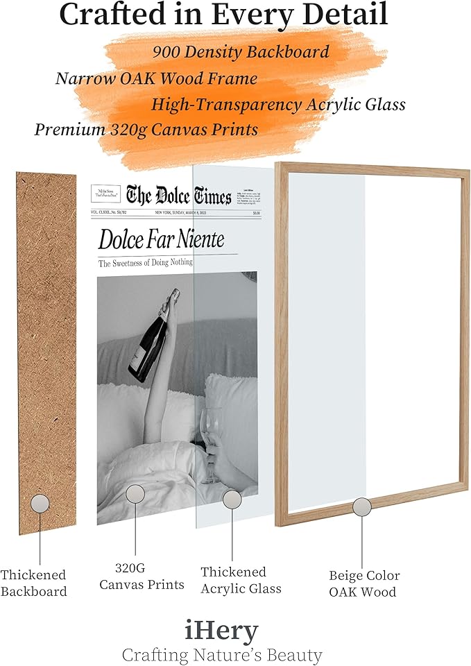 iHery Small Dolce Far Niente Framed Trendy NewsPaper Wall Art, Natural OAK Wood 8x10in Canvas Wall Art Bedroom,The Sweetness of Doing Nothing Print,La Dolce Vita Home Decor For Living Room Dorm 1Pack