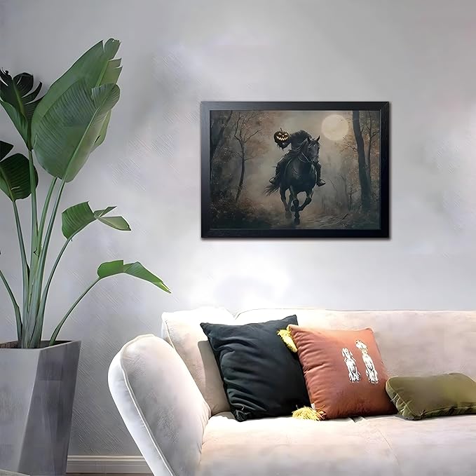 Vintage Canvas Wall Art, Dark Academia Wall Decor, Gothic Poster Print Painting, Headless knight holding a pumpkin lantern Halloween for Living Room Bedroom Decor 16x24 Inch Black Wood Framed