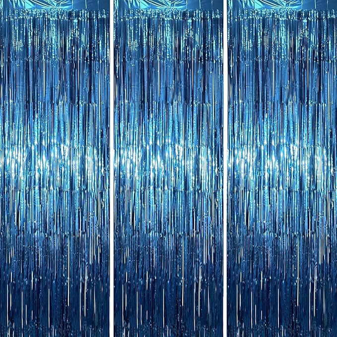 3.3 x 6.6 ft Foil Fringe Backdrop Curtains, Tinsel Streamers Party Decorations, Fringe Backdrop for Birthday, Baby Shower, Gender Reveal, Graduation (3, Retro Blue)