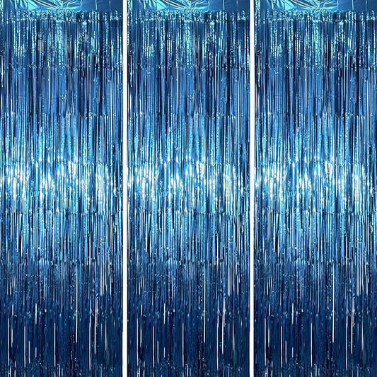 3.3 x 6.6 ft Foil Fringe Backdrop Curtains, Tinsel Streamers Party Decorations, Fringe Backdrop for Birthday, Baby Shower, Gender Reveal, Graduation (3, Retro Blue)