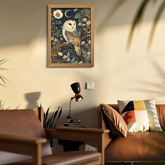 Framed William Morris Wall Art, 3D Textured Cottagecore Vintage Barn Owl Wall Decor, Hand Drawn Sandstone Botanical Art, Dark Academia Flowers Artwork for Bedroom, Farmhouse Home Decor 12x16 inch
