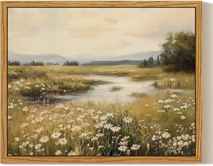 InSimSea Framed Canvas Wall Art, Vintage Floral Wildflower Field Prints Wall Decor for Living Room, Small Retro Landscape Painting Farmhouse Decorations for Bedroom Shelf Gift, 8x10inch