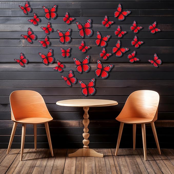 Chuangdi 48 Pcs Red Monarch Butterfly Decorations 3 Size Fake Butterflies Realistic Butterfly Craft Artificial Mariposas Wall Decor for Craft Wedding Home Birthday Party (3.2inch,4inch,4.7inch)