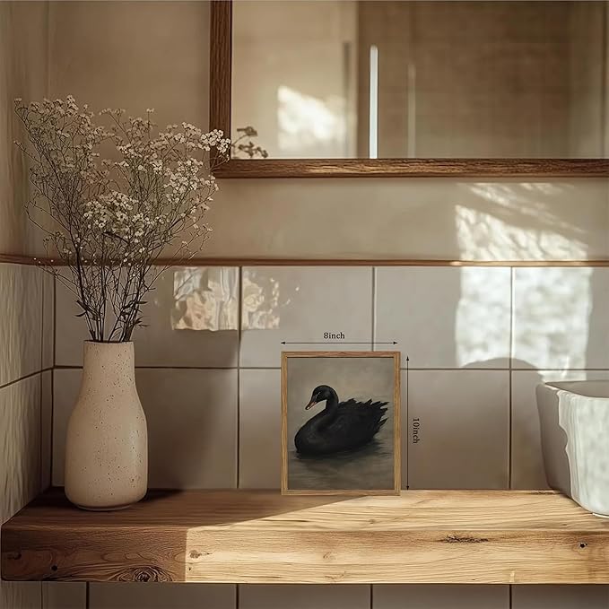 Framed Black Swan Wall Art, Dark Academia Gothic Swan Canvas, Vintage Victorian Animal Pictures Prints, Rustic Farmhouse Wall Decor for Living Room Bedroom Bathroom – 8x10 inch