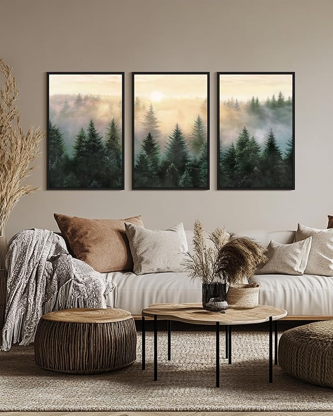 Drsoum Green Fog Pine Tree Landscape Wall Art Framed Nature Misty Nordic Forests Prints Morden Farmhouse Rustic Artwork Hallway Bedroom Ready to Hang 24x36in Black Framed