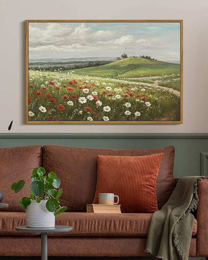 SHENIFY Vintage Landscape Framed Wall Art Meadow with Flowers Scenery Farmhouse Decor Rustic Retro Grassland Floral Field Painting for Hallway Living Room Bedroom - 16x24in Natural Framed