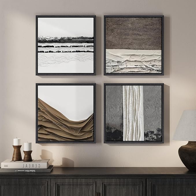 Framed Abstract Neutral Wall Art Set, 4 Piece Black White Gray Minimalist Square Canvas Prints with Brown Accents, Modern Wall Art for Living Room Bedroom Entryway Office Decor, 12x12 Inch