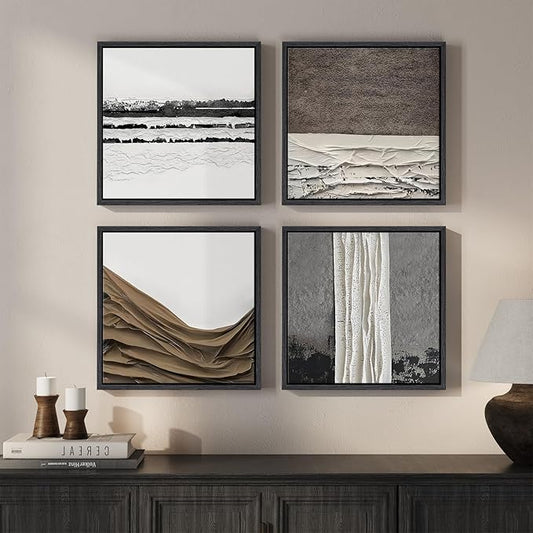 Framed Abstract Neutral Wall Art Set, 4 Piece Black White Gray Minimalist Square Canvas Prints with Brown Accents, Modern Wall Art for Living Room Bedroom Entryway Office Decor, 12x12 Inch