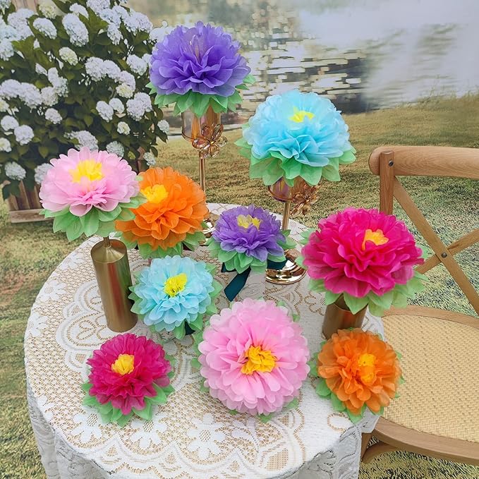 Mybbshower Colorful Fiesta Paper Flowers (9''-7'' Assorted) Set of 10 Outdoor Decoration Kids Birthday Carnival Rainbow Theme Party Backdrop Photo Booth Wall Decor