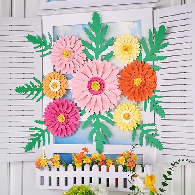 SUNBEAUTY Large Paper Flower Decoration for Wall 3D Large Paper Flower Pink Orange Daisy with Green Leaves Artificial Flower Wall Hanging for Classroom Bulletin Board Office Garden Tea Party Birthday