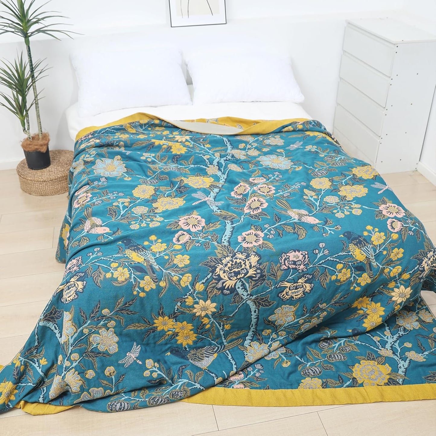 Snycler Boho Throw Blanket for Bed - 100% Cotton Ultra Soft Rustic Quilt Blanket Green Bird Floral Printed Farmhouse Decor Bed Blankets, 80"×90" All Season Rustic Throw for Sofa Couch Chair