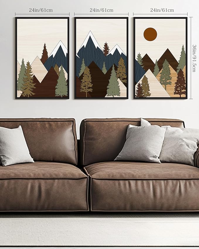 Drsoum Morden Mountains Landscape Wall Art Framed Boho Pine Tree Forest Nature Prints Boho Farmhouse Rustic Artwork Hallway Bedroom Ready to Hang 24x36in Black Framed
