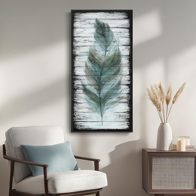 Framed Vertical Feather Living Room Wall Art, Large Vintage Black and Teal Canvas Artwork for Walls, Farmhouse Rustic Feather Painting Print for Office Kitchen Foyer Stair Wall Decor, 20x40 Inch
